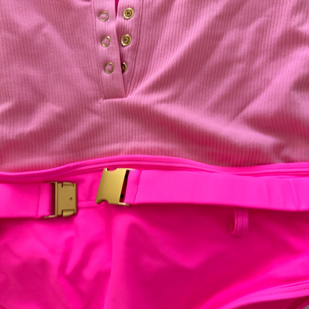 L'Animal Panthere Rose neon pink belted high cut high waist one piece swimsuit - Picture 10 of 15